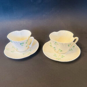 Vtg 4 Pcs Belleek Shamrock Harp Handle Cup & Saucer 6th mark 1965-80 Restored